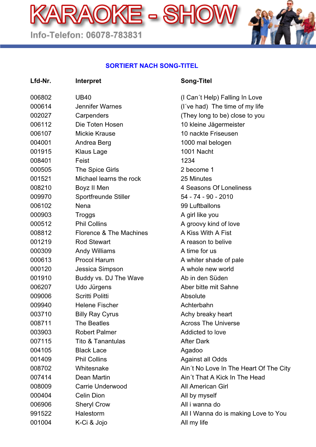 SORTIERT NACH SONG-TITEL Lfd-Nr. Interpret Song-Titel 006802