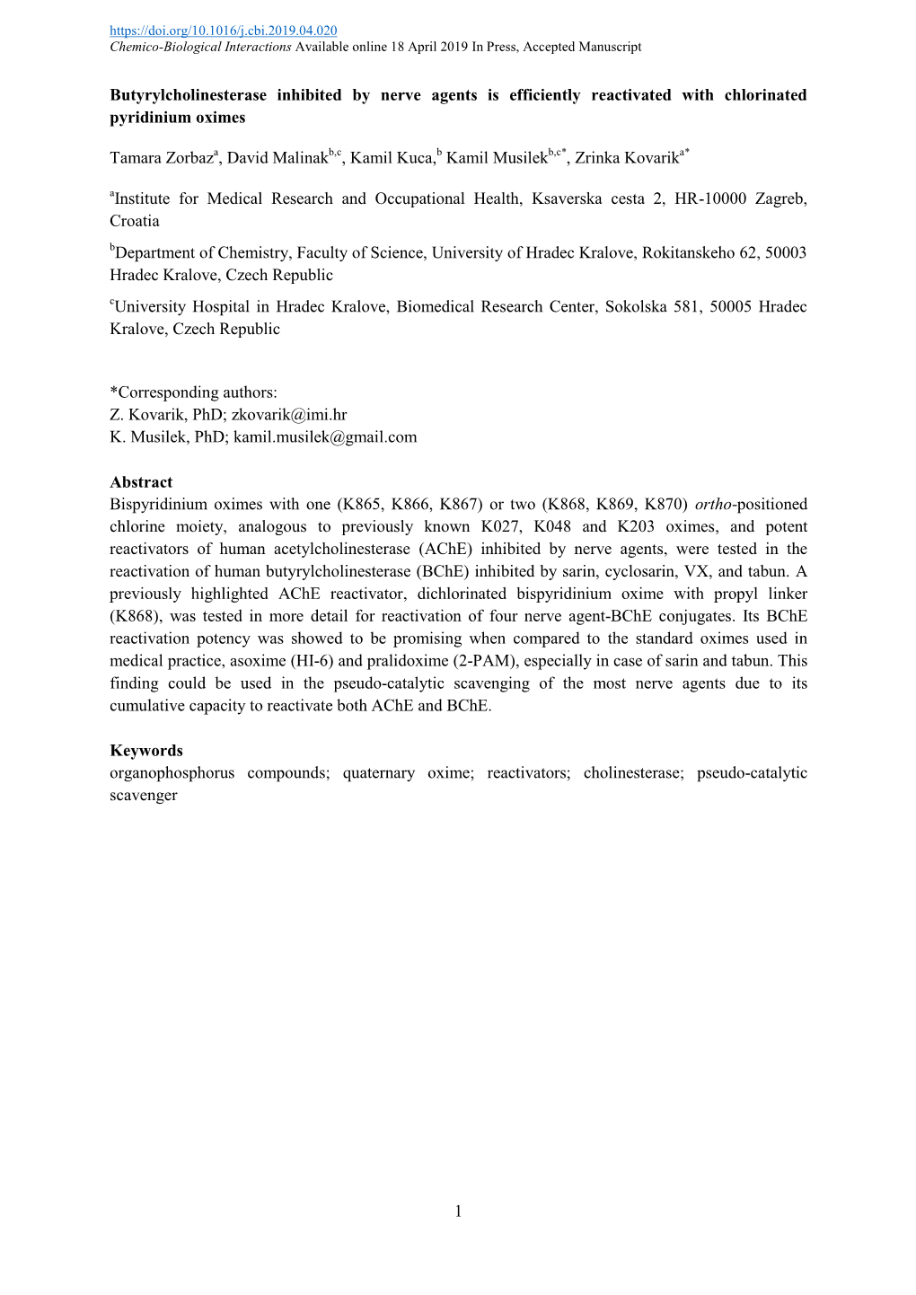 1 Butyrylcholinesterase Inhibited by Nerve Agents Is Efficiently