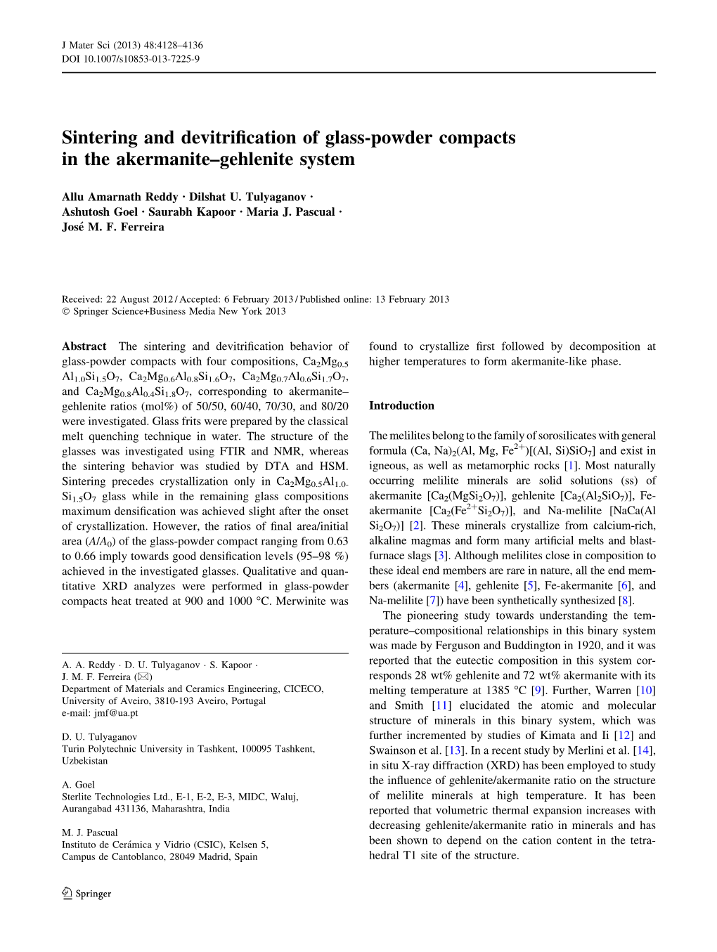Sintering and Devitrification of Glass-Powder Compacts in the Akermanite–Gehlenite System
