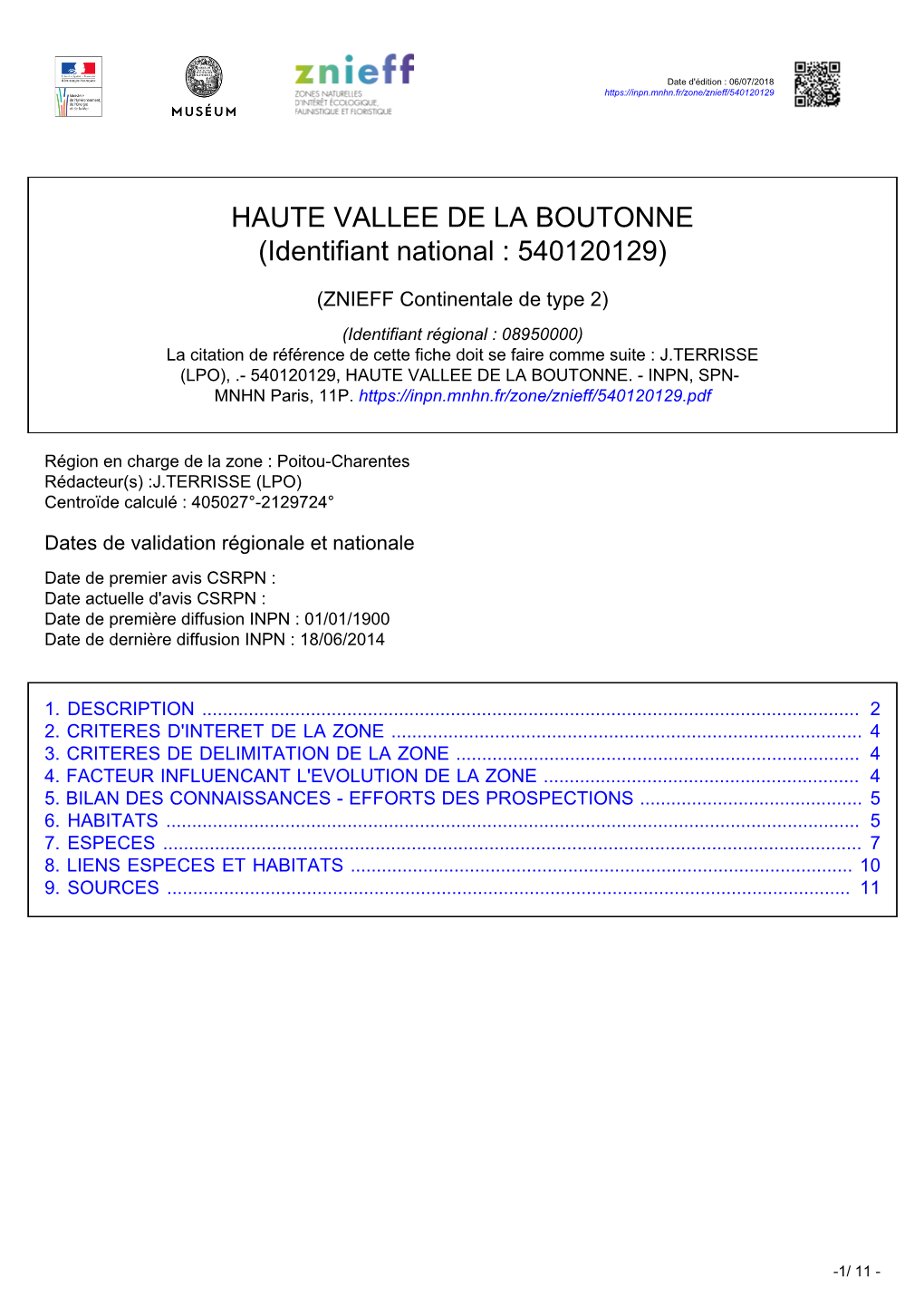 HAUTE VALLEE DE LA BOUTONNE (Identifiant National : 540120129)