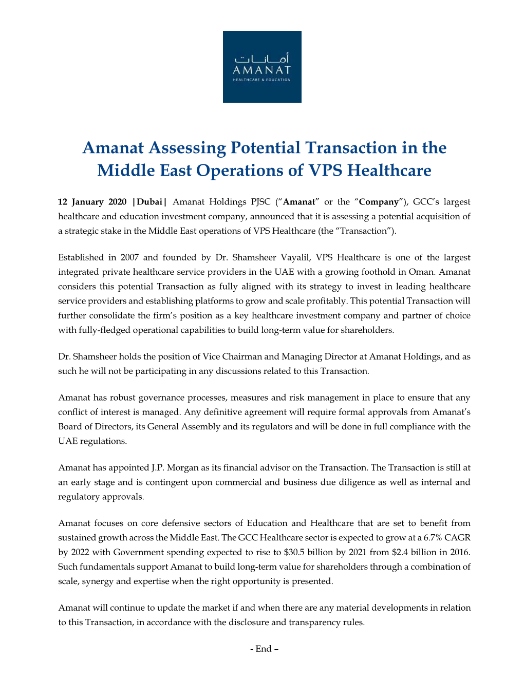 Amanat Assessing Potential Transaction in the Middle East Operations of VPS Healthcare