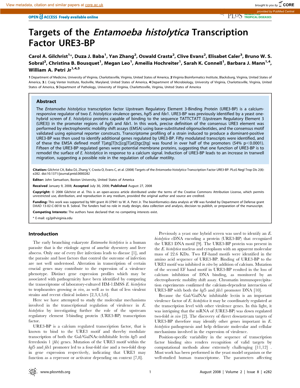 Targets of the Entamoeba Histolytica Transcription Factor URE3-BP