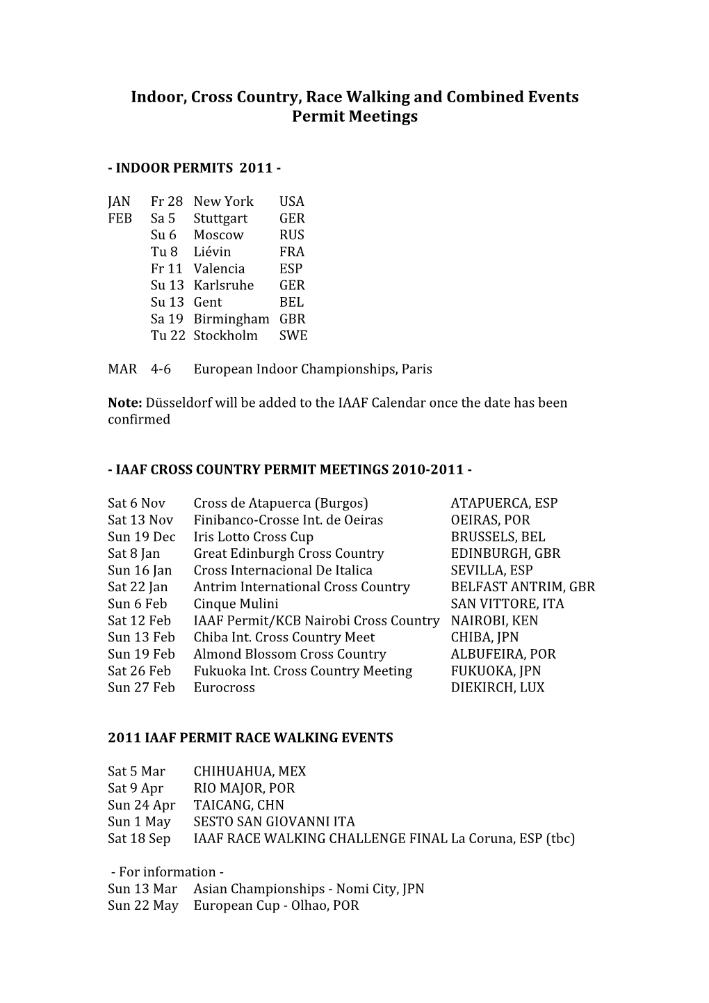 IAAF Permit Schedule 2011