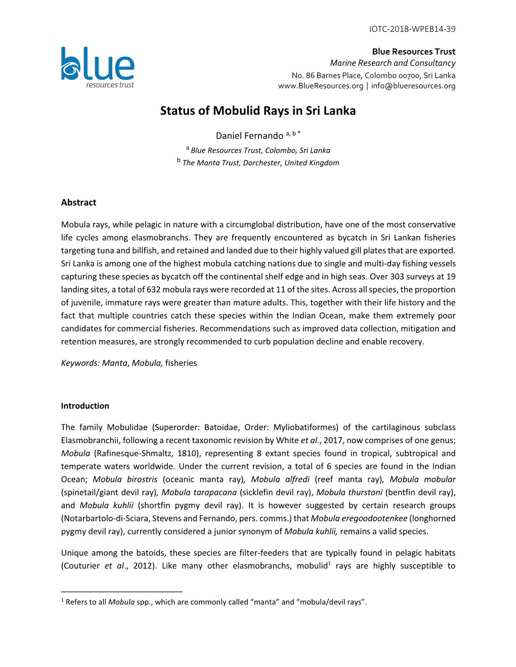 Status of Mobulid Rays in Sri Lanka