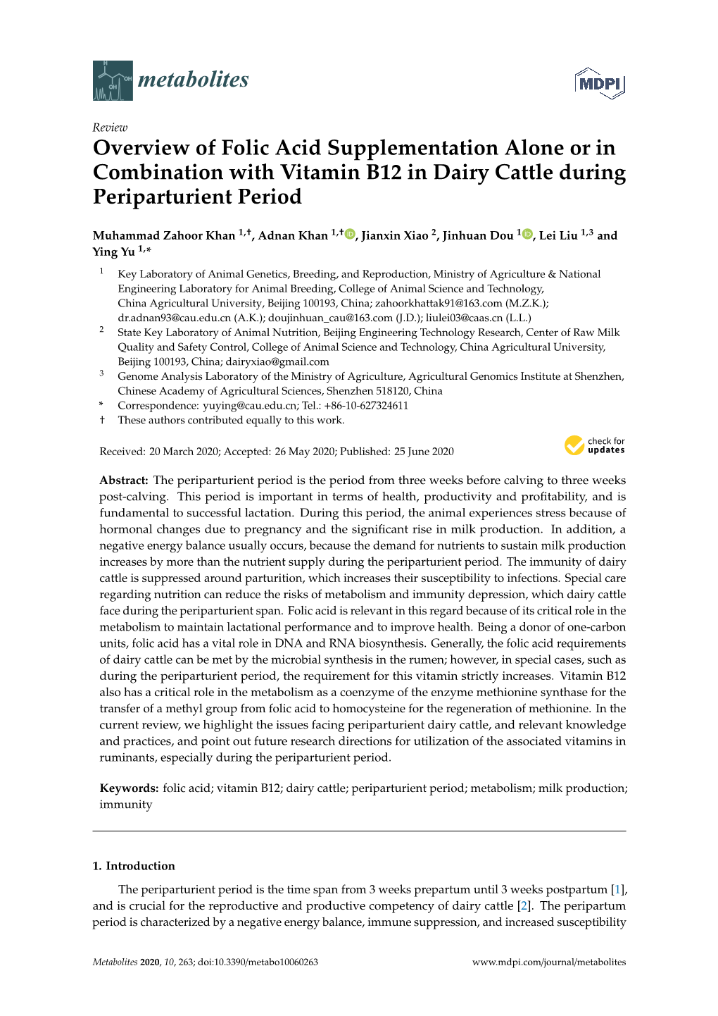 Overview of Folic Acid Supplementation Alone Or in Combination with Vitamin B12 in Dairy Cattle During Periparturient Period