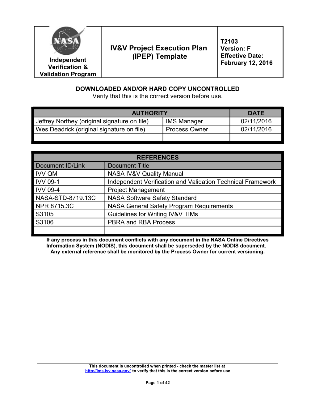 Iv&V Project Execution Plan