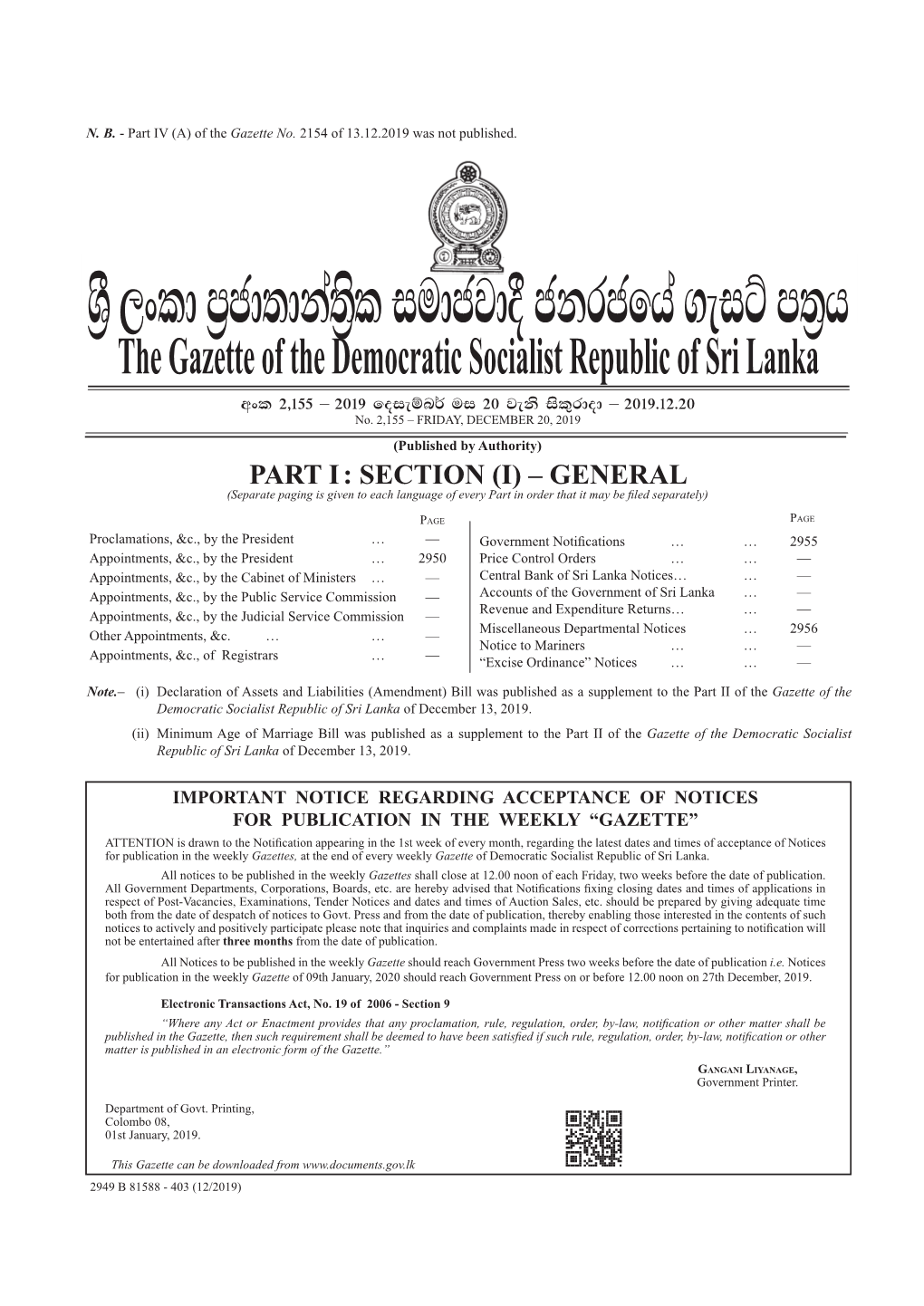 The Gazette of the Democratic Socialist Republic of Sri Lanka Wxl 2