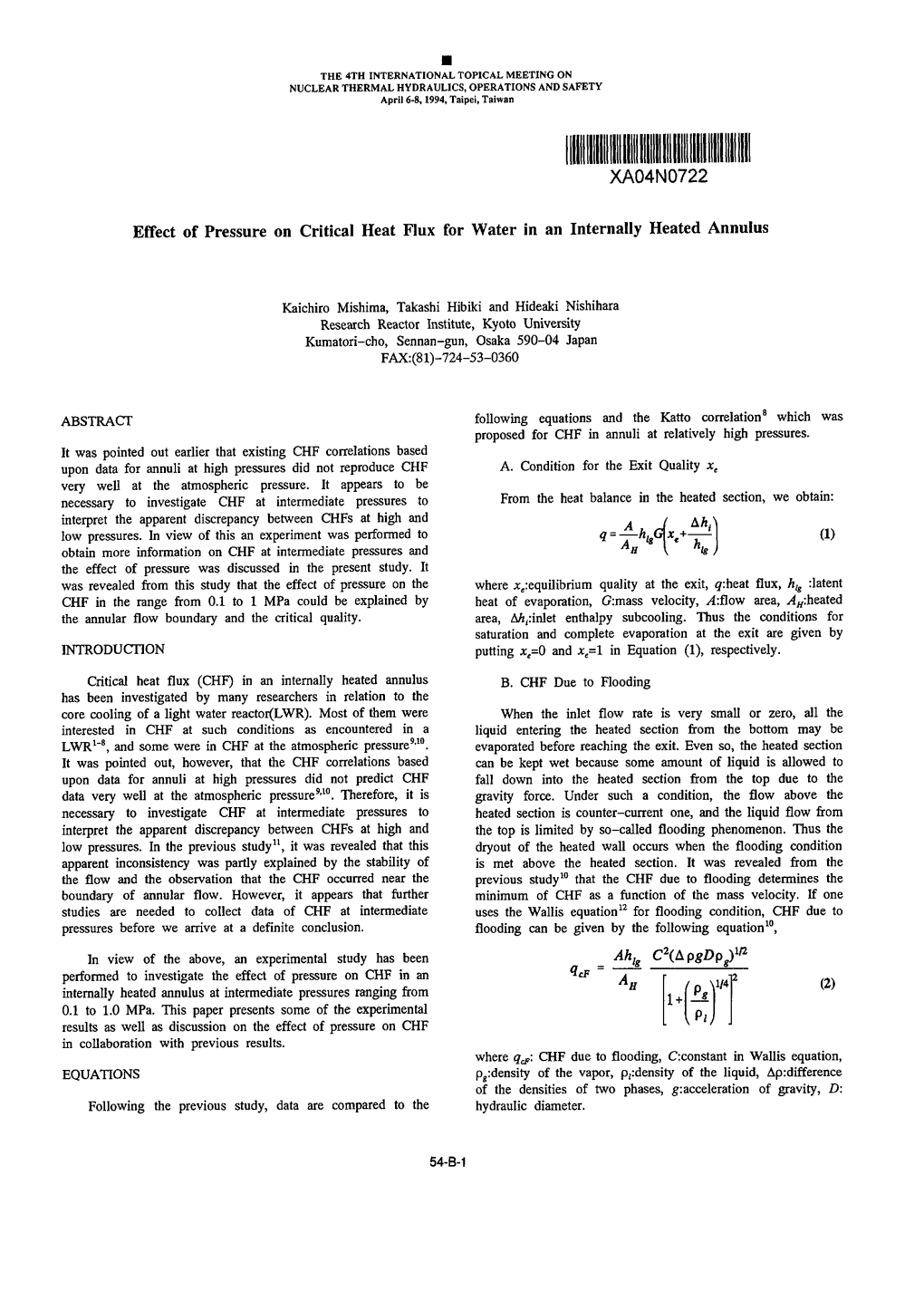 XA04NO722 Effect of Pressure on Critical Heat Flux for Water in An