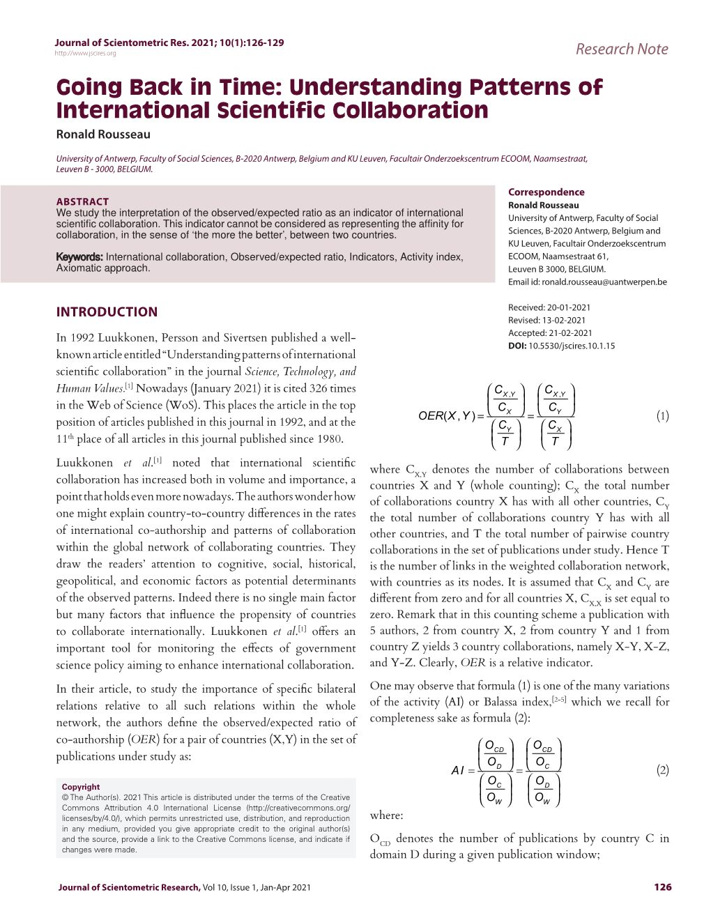Understanding Patterns of International Scientific Collaboration Ronald Rousseau