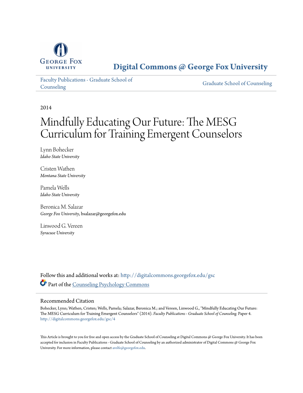 The MESG Curriculum for Training Emergent Counselors Lynn Bohecker Idaho State University