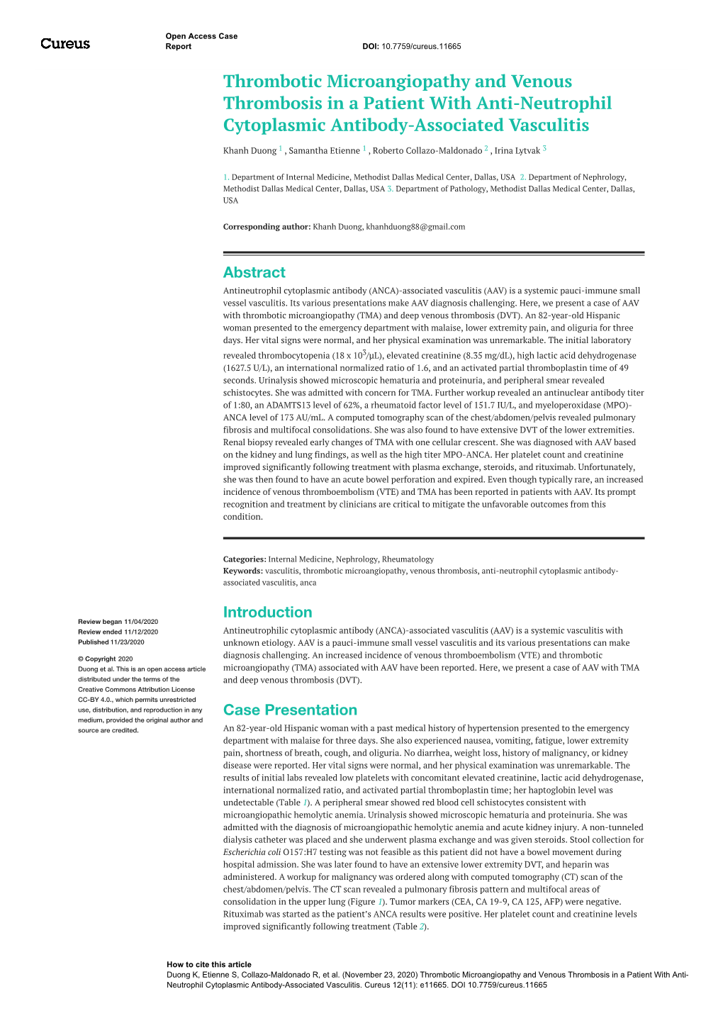 Thrombotic Microangiopathy and Venous Thrombosis in a Patient with Anti-Neutrophil Cytoplasmic Antibody-Associated Vasculitis