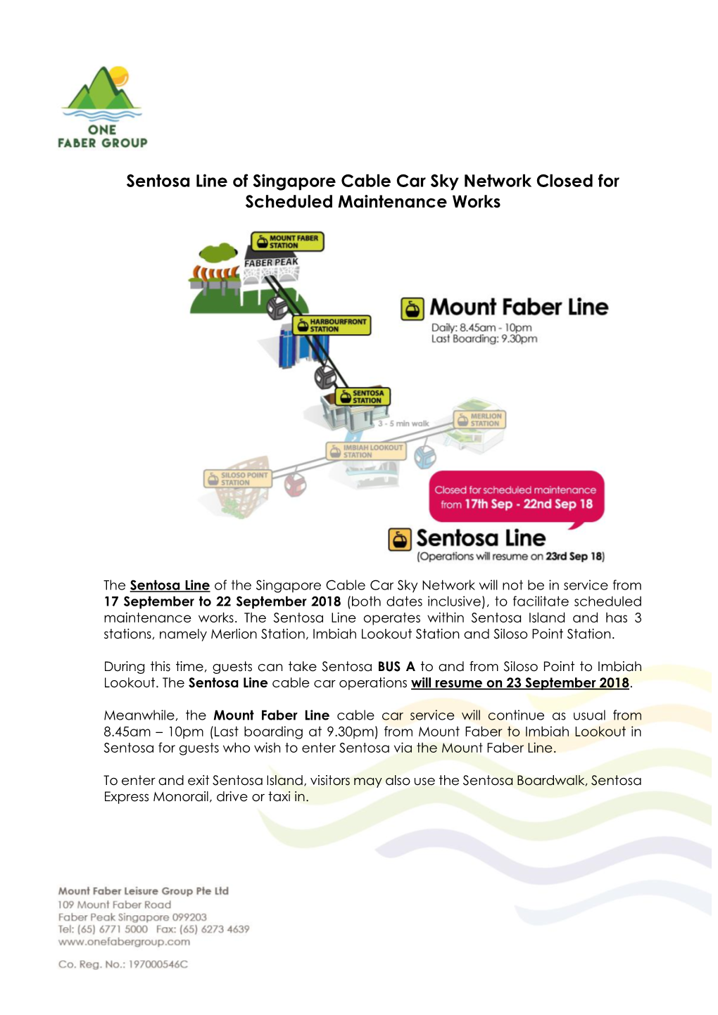 Sentosa Line of Singapore Cable Car Sky Network Closed for Scheduled Maintenance Works