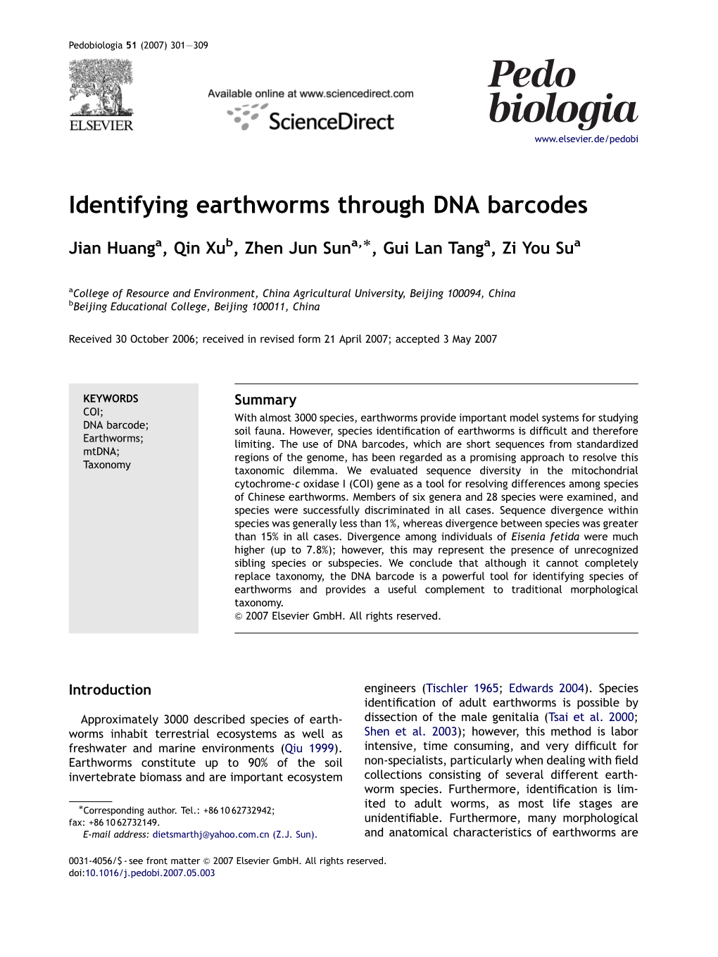 Identifying Earthworms Through DNA Barcodes