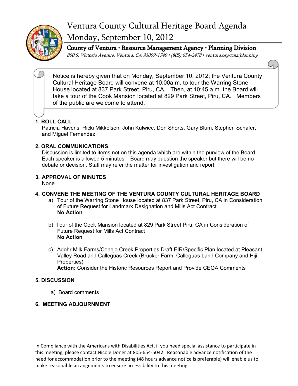 Ventura County Cultural Heritage Board Agenda Monday, September 10, 2012