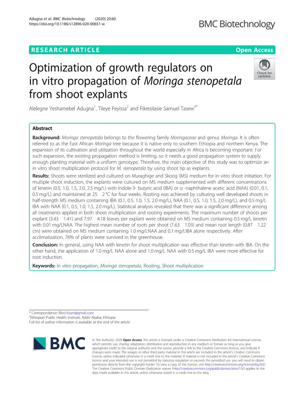 Optimization of Growth Regulators on in Vitro Propagation of Moringa