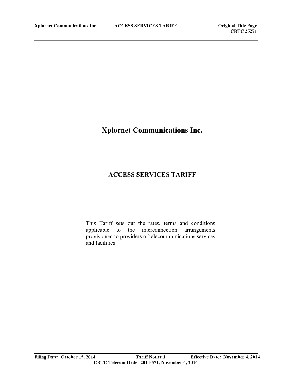 ACCESS SERVICES TARIFF Original Title Page CRTC 25271