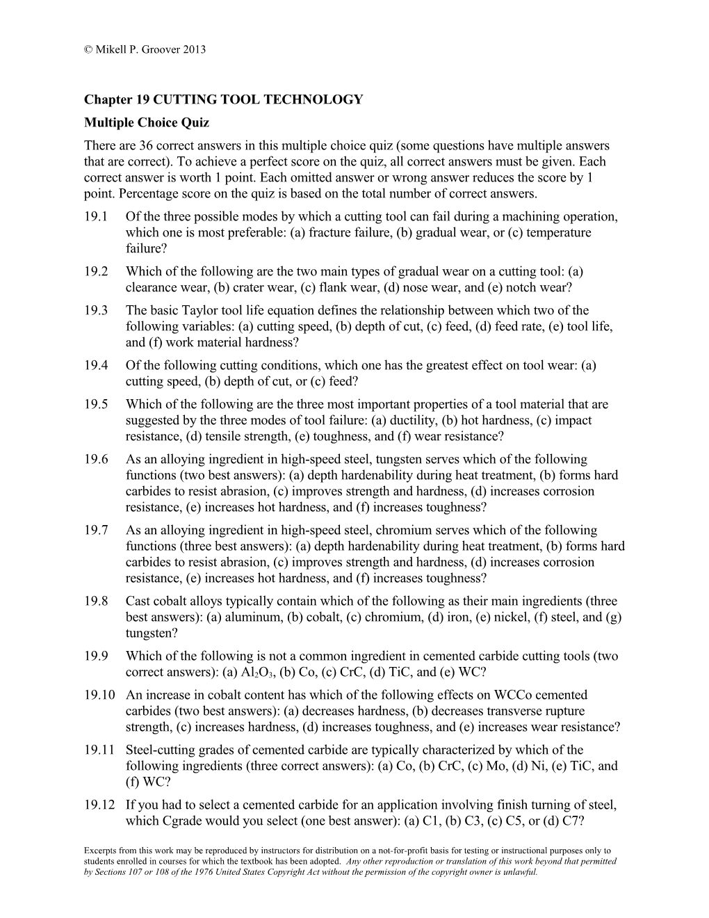 Chapter 19 CUTTING TOOL TECHNOLOGY