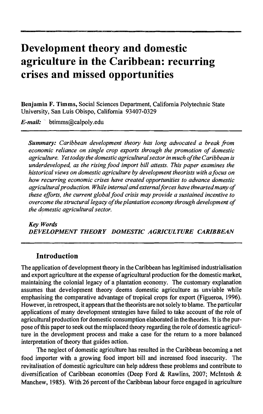 Development Theory and Domestic Agriculture in the Caribbean: Recurring Crises and Missed Opportunities