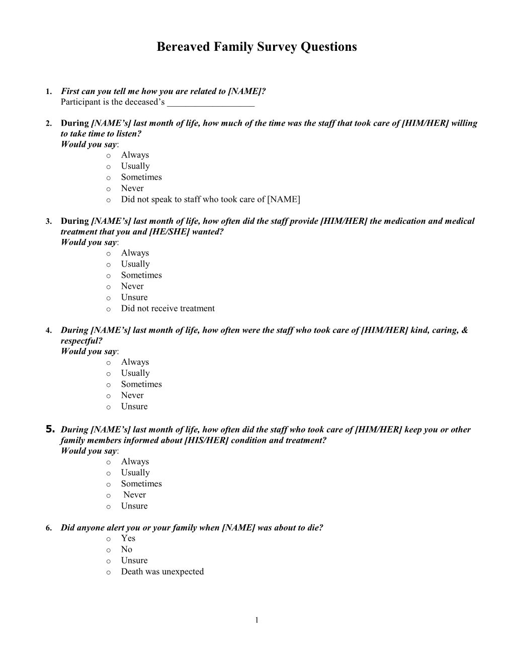 Bereaved Family Survey Questions