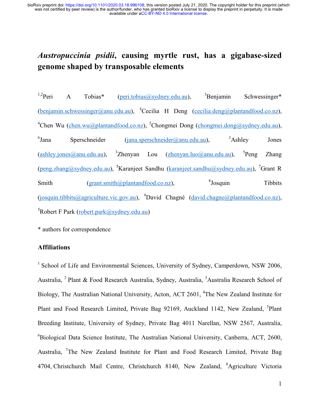 Austropuccinia Psidii, Causing Myrtle Rust, Has a Gigabase-Sized Genome Shaped by Transposable Elements