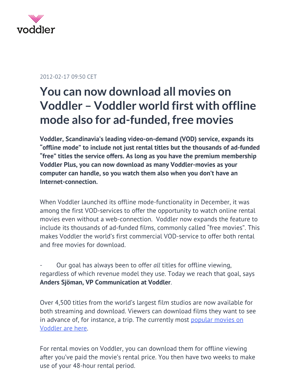 Voddler World First with Offline Mode Also for Ad-Funded, Free Movies