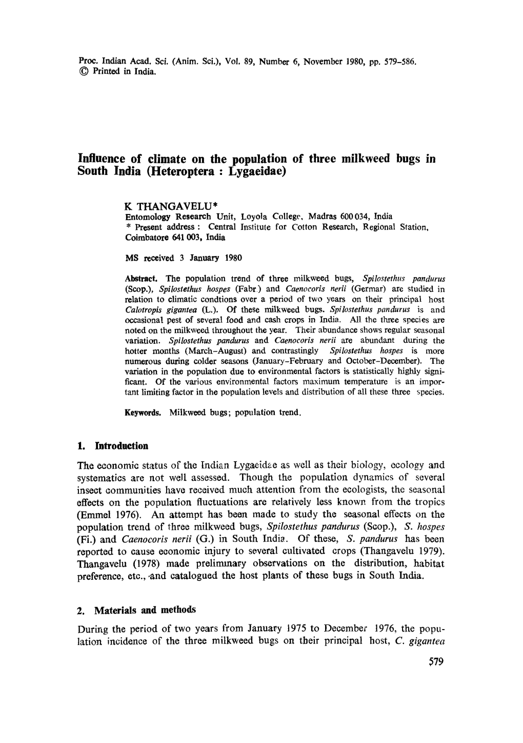 Influence of Climate on the Population of Three Milkweed Bugs in South India (Heteroptera: Lygaeidae)