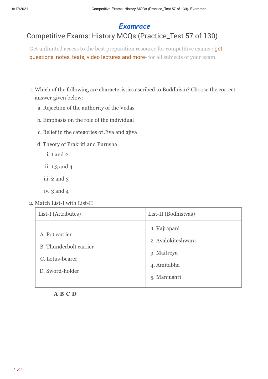 Competitive Exams: History Mcqs (Practice Test 57 of 130)- Examrace