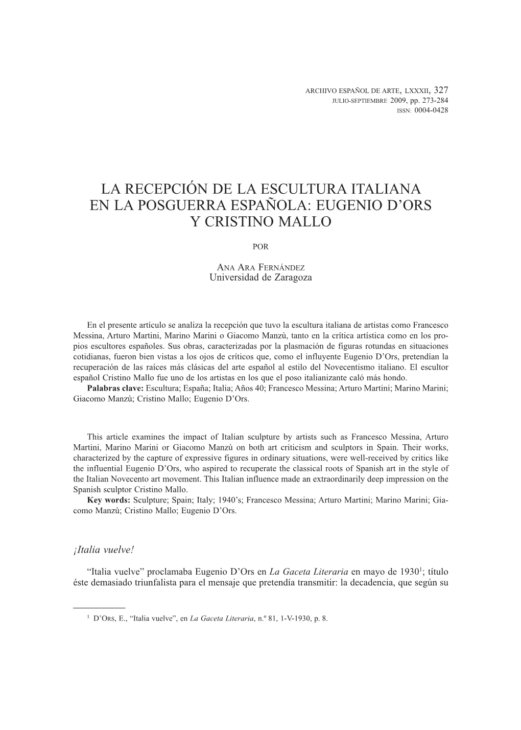 La Recepción De La Escultura Italiana En La Posguerra Española: Eugenio D’Ors Y Cristino Mallo