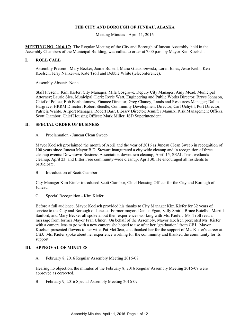 THE CITY and BOROUGH of JUNEAU, ALASKA Meeting Minutes - April 11, 2016