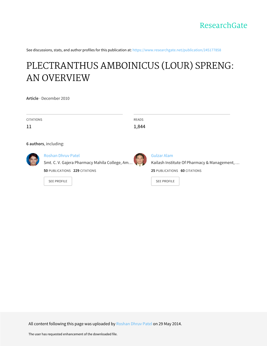 Plectranthus Amboinicus (Lour) Spreng: an Overview