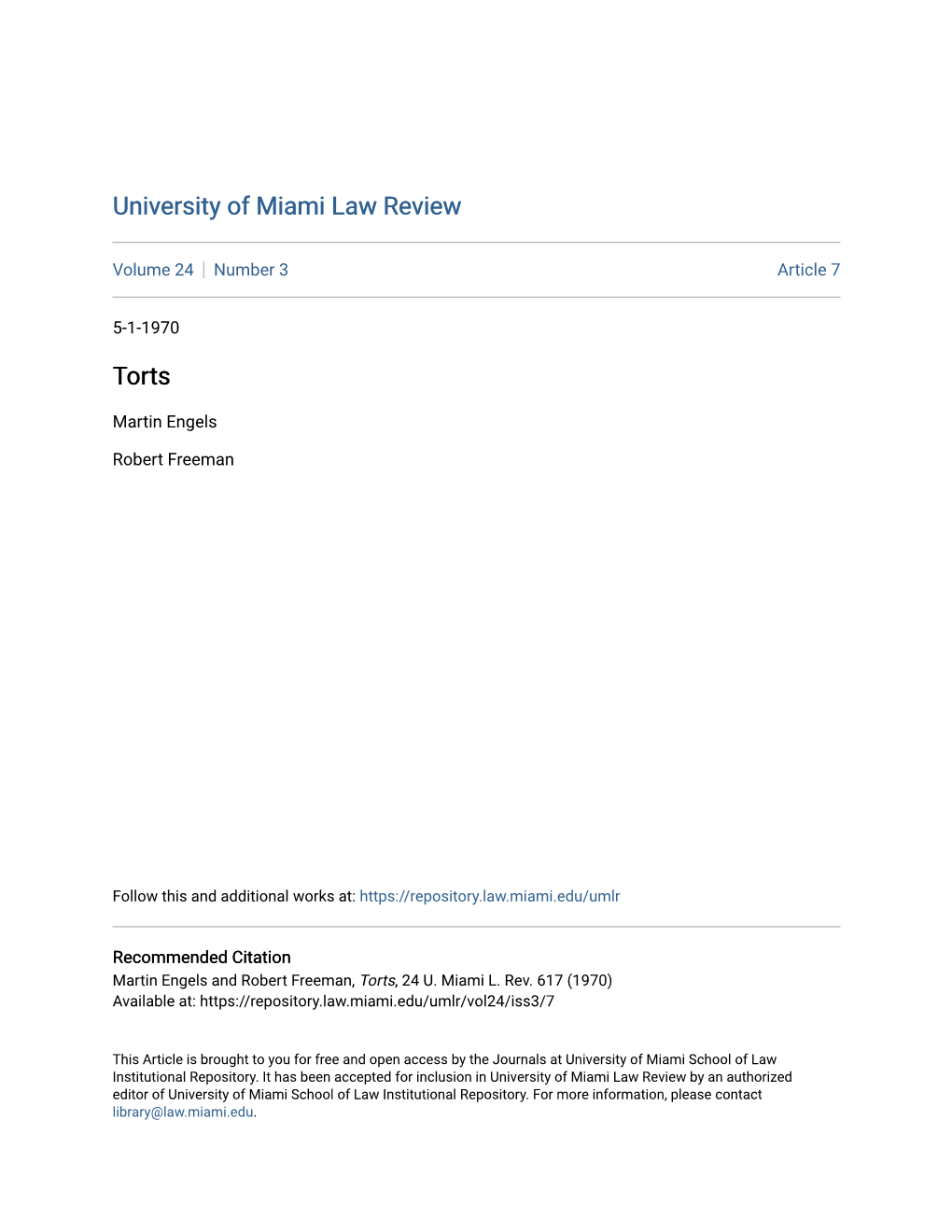 University of Miami Law Review Torts