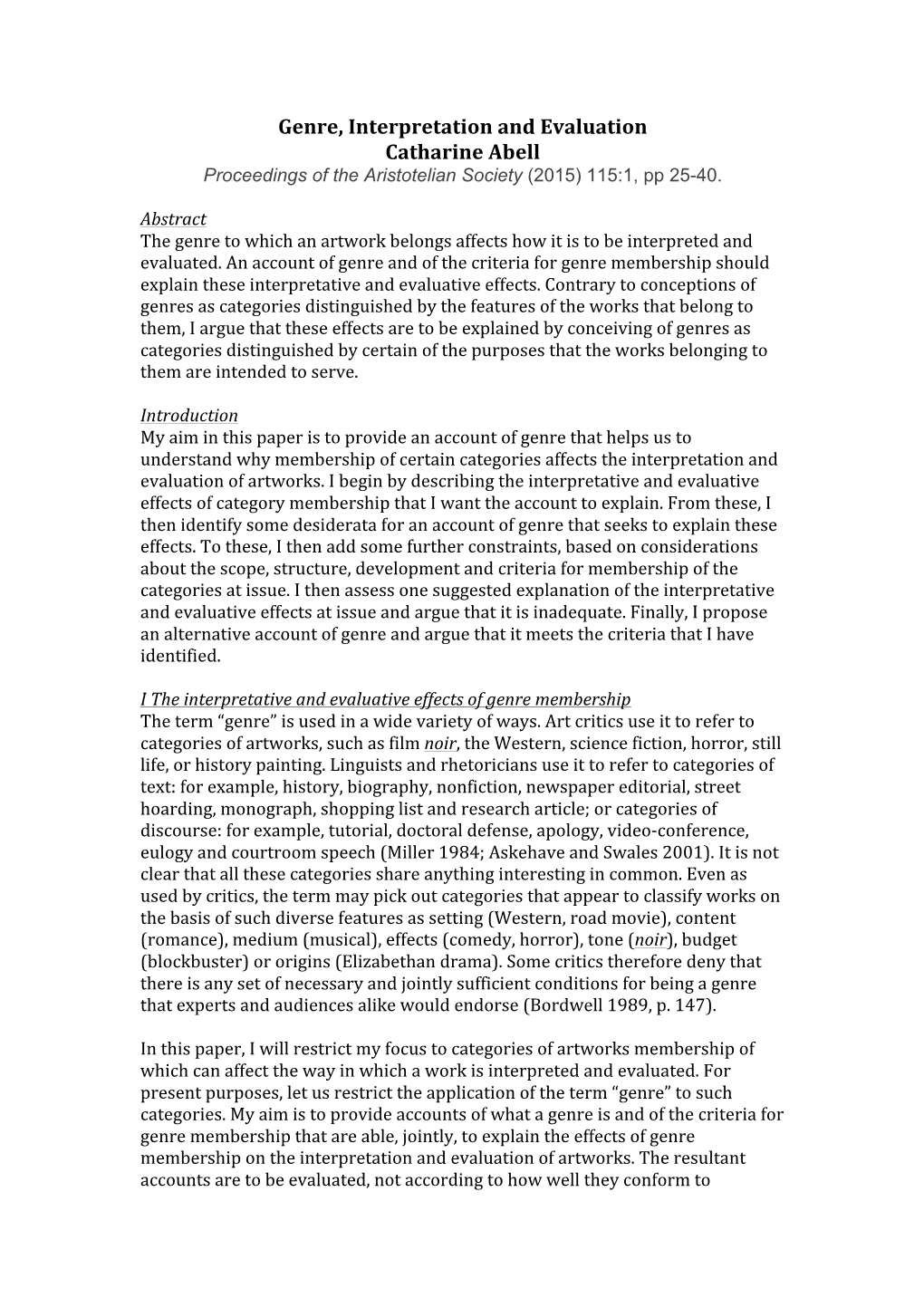 Genre, Interpretation and Evaluation Catharine Abell Proceedings of the Aristotelian Society (2015) 115:1, Pp 25-40