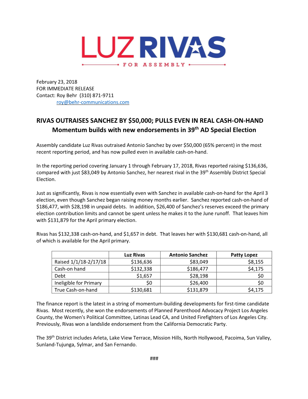 Rivas Outraises Sanchez by $50000