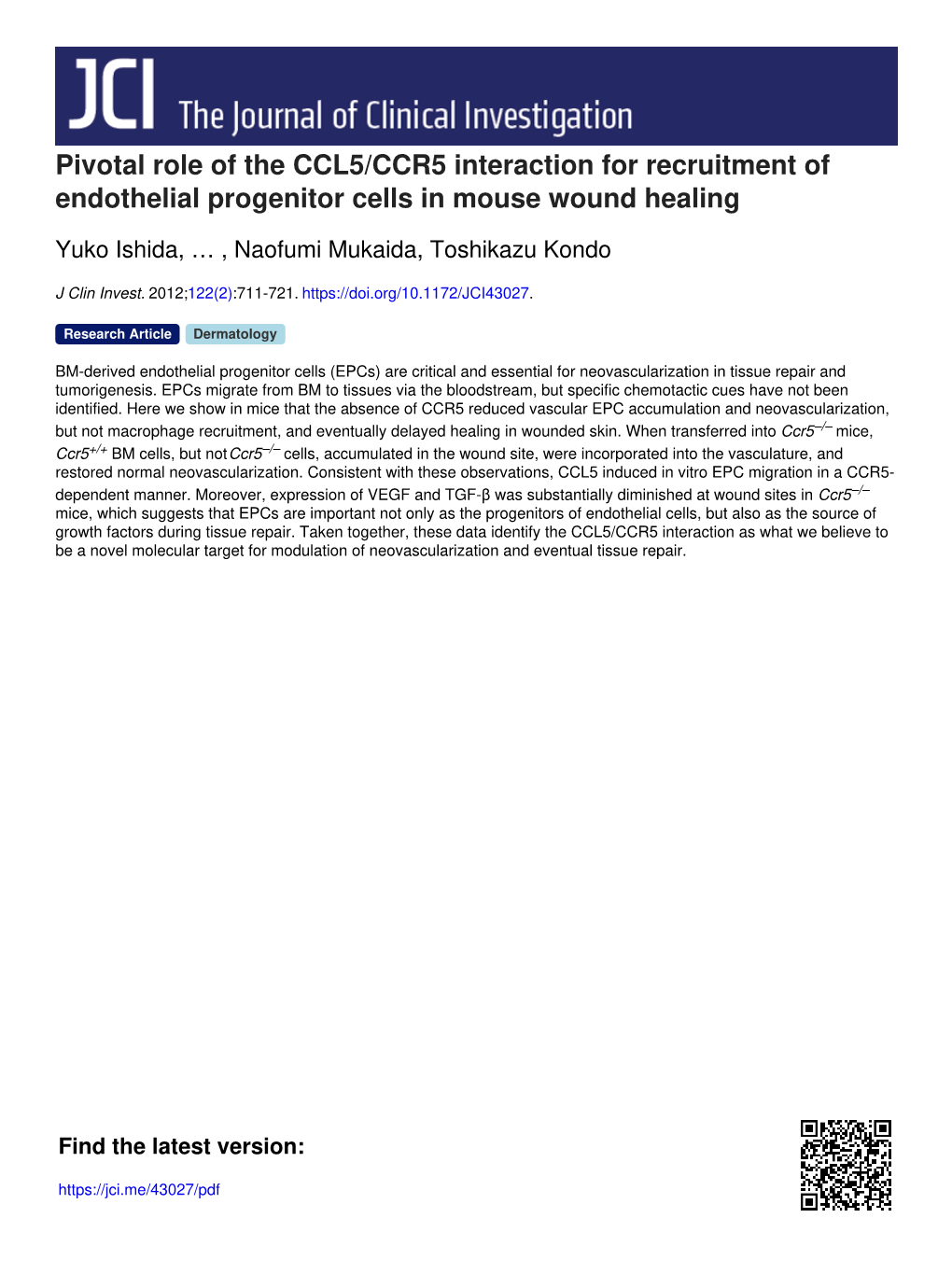 Pivotal Role of the CCL5/CCR5 Interaction for Recruitment of Endothelial Progenitor Cells in Mouse Wound Healing