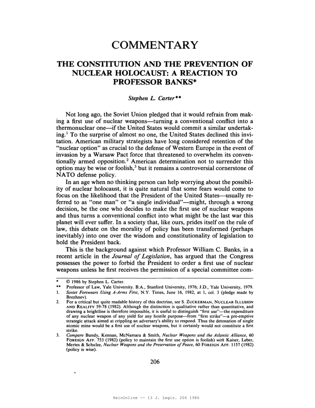 The Constitution and the Prevention of Nuclear Holocaust: a Reaction to Professor Banks*