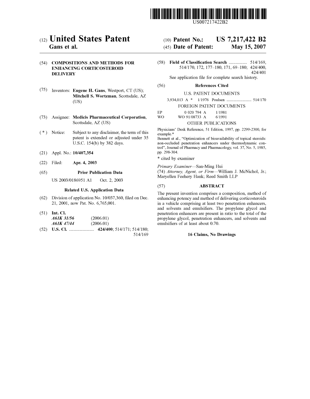 (12) United States Patent (10) Patent No.: US 7,217,422 B2 Gans Et Al