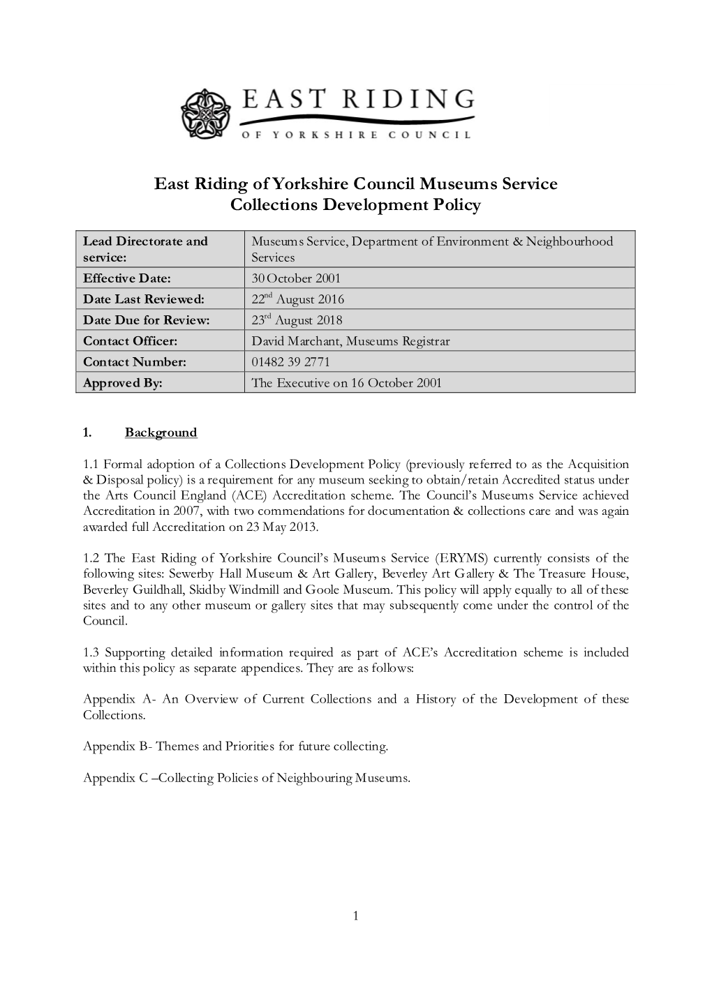 East Riding of Yorkshire Council Museums Service Collections Development Policy