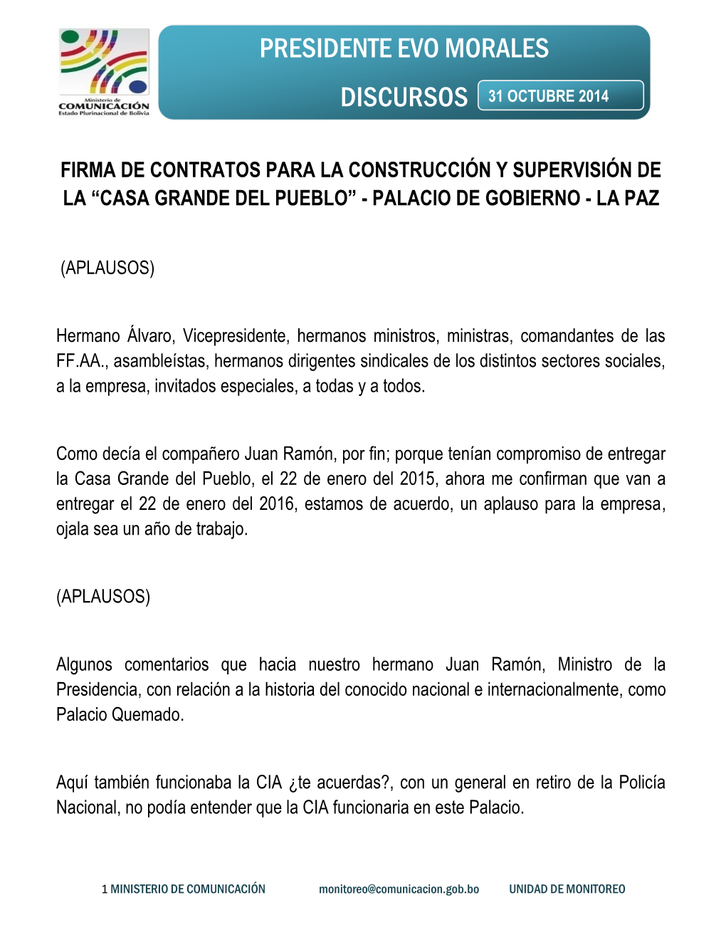 2014 Texto Editado Presidente Evo Morales Firma De Contratos Para La