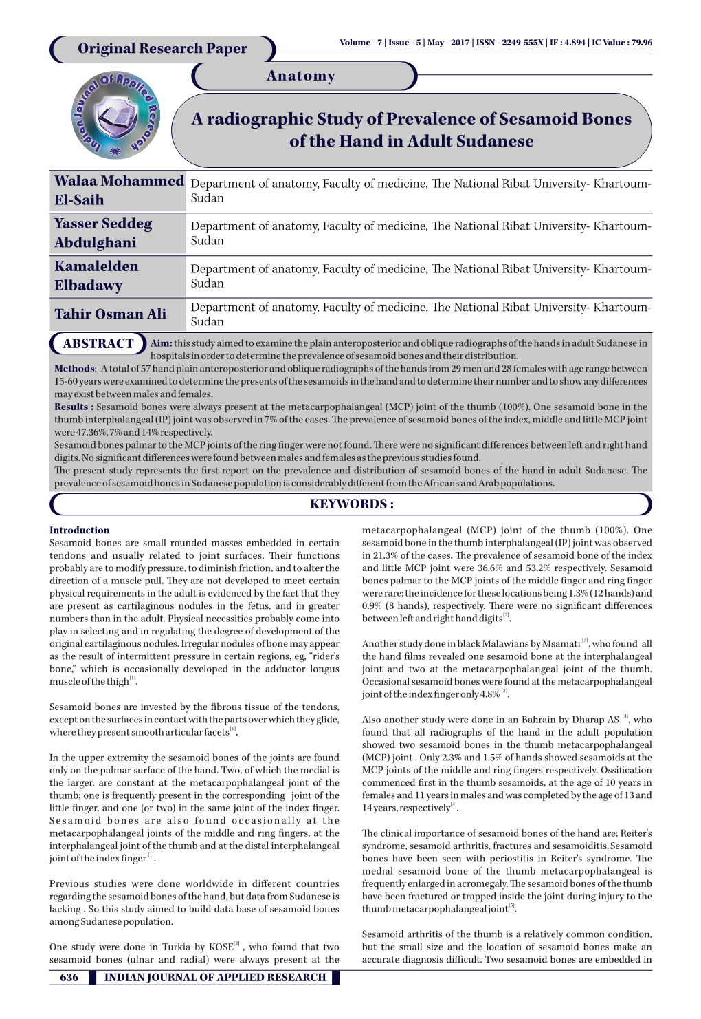 A Radiographic Study of Prevalence of Sesamoid Bones of the Hand in Adult Sudanese