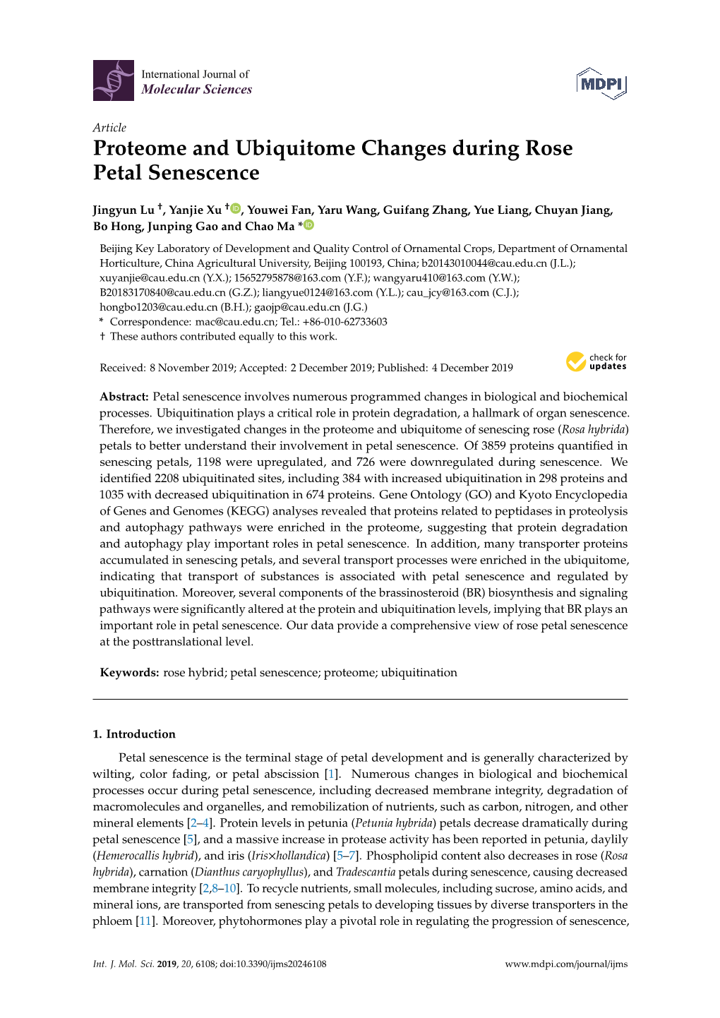 Proteome and Ubiquitome Changes During Rose Petal Senescence