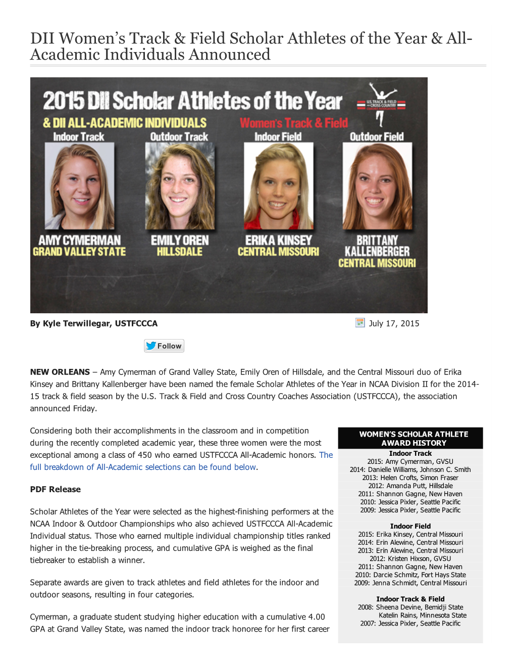 DII Women's Track & Field Scholar Athletes of the Year & All Academic