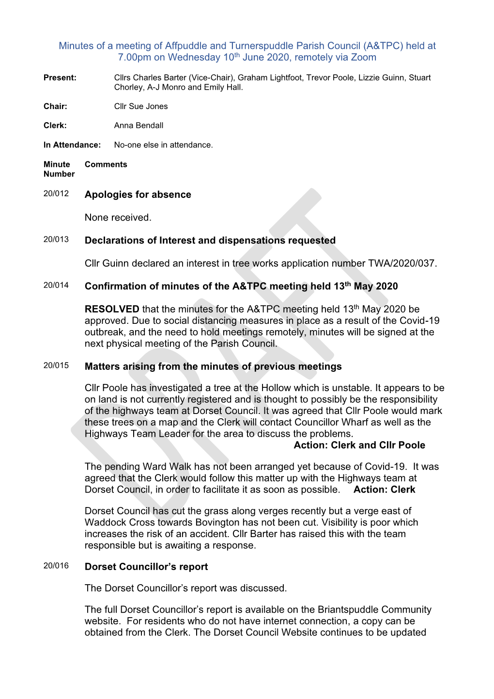 Minutes of a Meeting of Affpuddle and Turnerspuddle Parish Council (A&TPC) Held at 7.00Pm on Wednesday 10Th June 2020, Remotely Via Zoom