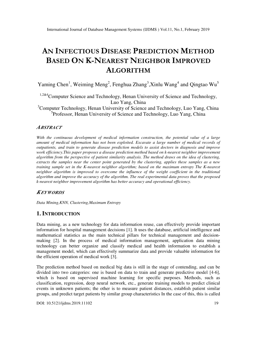 An Infectious Disease Prediction Method Based on K-Nearest Neighbor Improved Algorithm