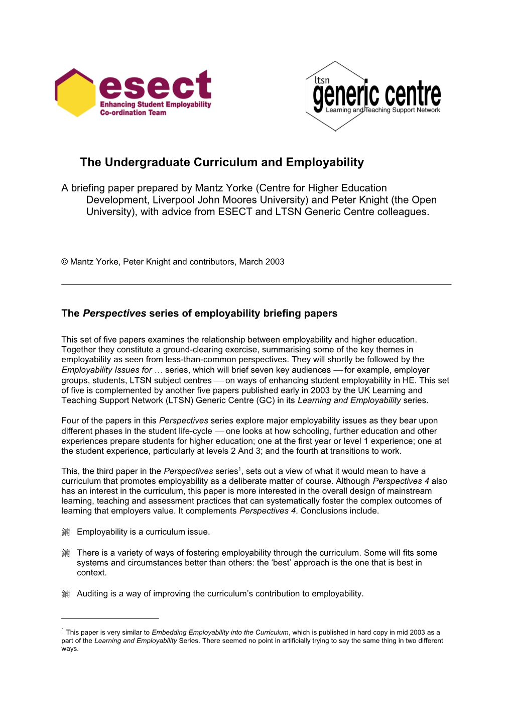 The Undergraduate Curriculum and Employability