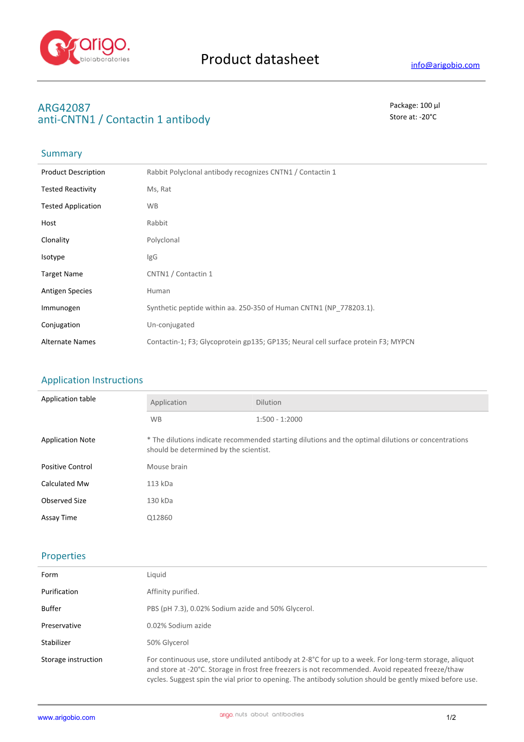 Anti-CNTN1 / Contactin 1 Antibody (ARG42087)