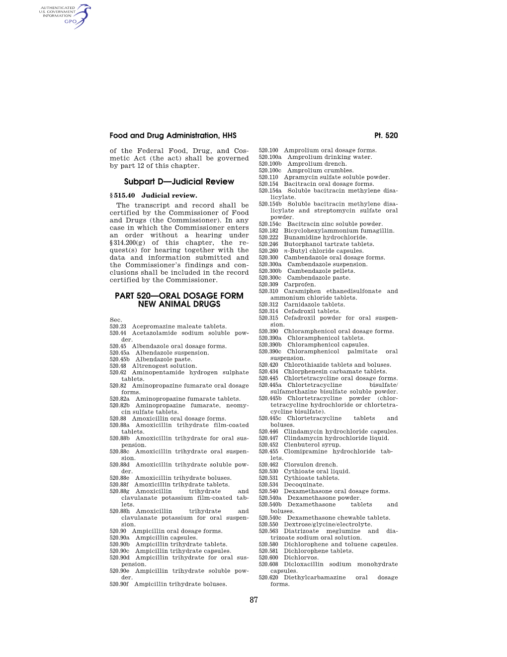 87 Subpart D—Judicial Review PART 520—ORAL DOSAGE FORM NEW