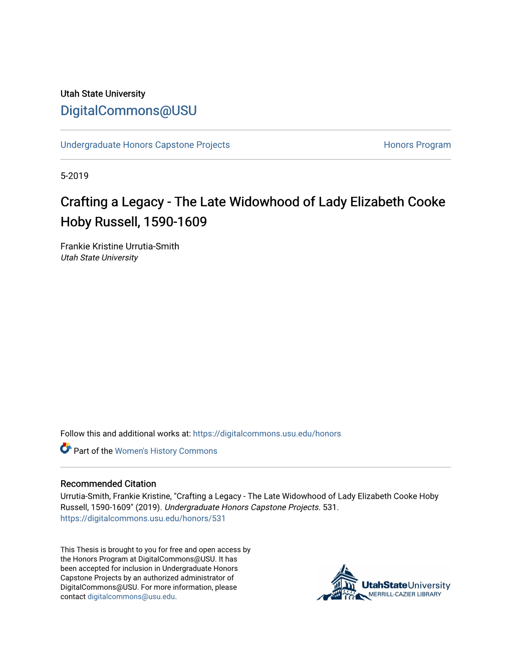 The Late Widowhood of Lady Elizabeth Cooke Hoby Russell, 1590-1609
