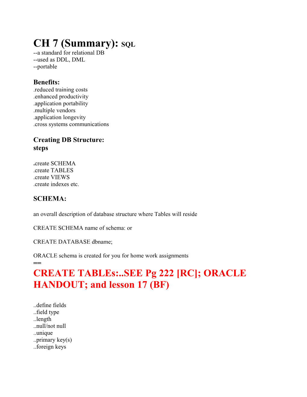 CH 7 (Summary): SQL