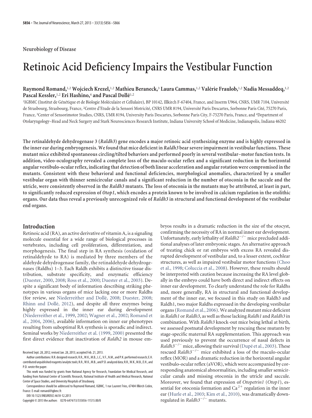 Retinoic Acid Deficiency Impairs the Vestibular Function