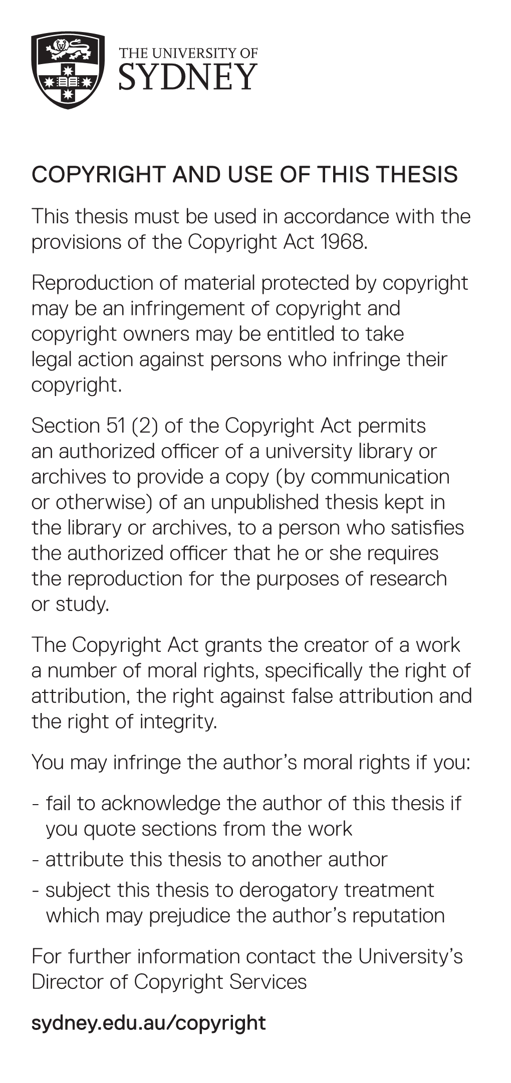 Copyright and Use of This Thesis This Thesis Must Be Used in Accordance with the Provisions of the Copyright Act 1968